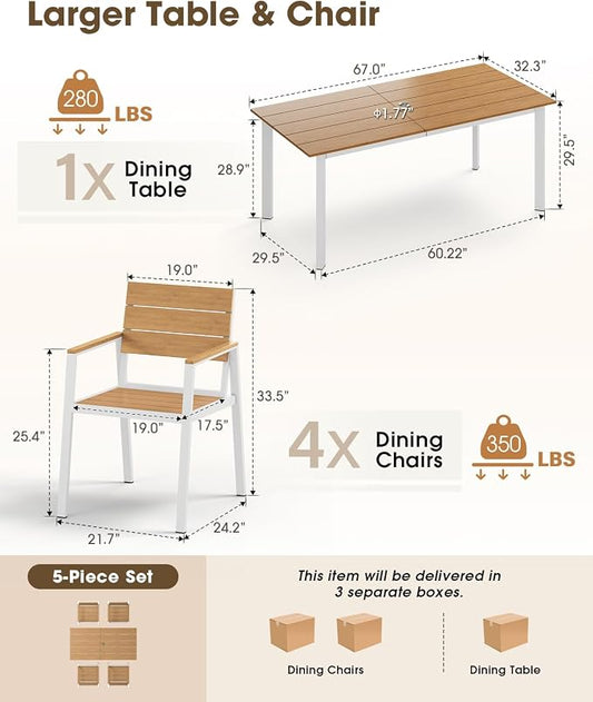Outdoor Dining Set for 4, Aluminum Patio HDPS Outdooor Table and Chairs Set with Umbrella Hole, All Weather Patio Furniture Set, 5 Peice Patio Dining Table Set (White & Teak)