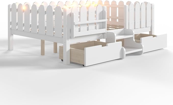 Bellemave Full Kids Montessori Bed with Stairs, Bookshelf and LED Lights, Solid Wood Kids Bed Frame with Storage Drawers for Boys Girls, Low Profile,White