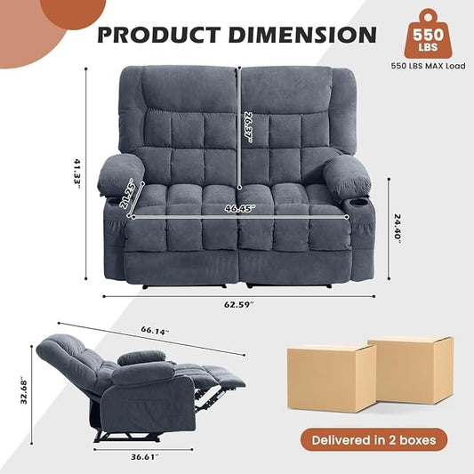 MAHOMICO Recliner Loveseat with Cup Holders for Living Room Love Seat Manual Oversized Recliner with Ergonomic, Side Pocket for Adult