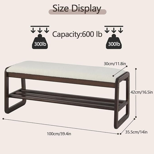 Achicsofar Shoe Rack Bench,2 Tier Solid Wooden Entryway Bench with Shoe Storage, Shoe Rack with Cushion for Living Room, Hallway(Cream White, 39.4")