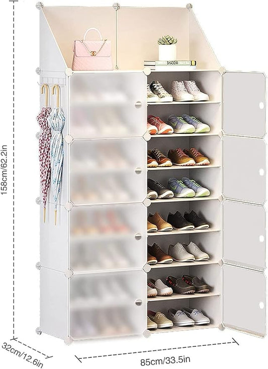 Jomifin Shoe Rack Storage Cabinet with Doors, Key Holder, Portable Shoe Organizer, Expandable Standing Rack, Holds 32-64 Pairs Shoes Boots Slippers for Closet Hallway Entryway Bedroom, 2x8 Tier, White