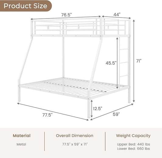 DORTALA Twin Over Full Bunk Bed, Metal Bunk Bed Frame w/Ladder, Safety Rail & Steel Slats, Space-Saving Bunk Beds for Kids Teens Adults, Noise Free for Dorm Bedroom, No Box Spring Needed, White