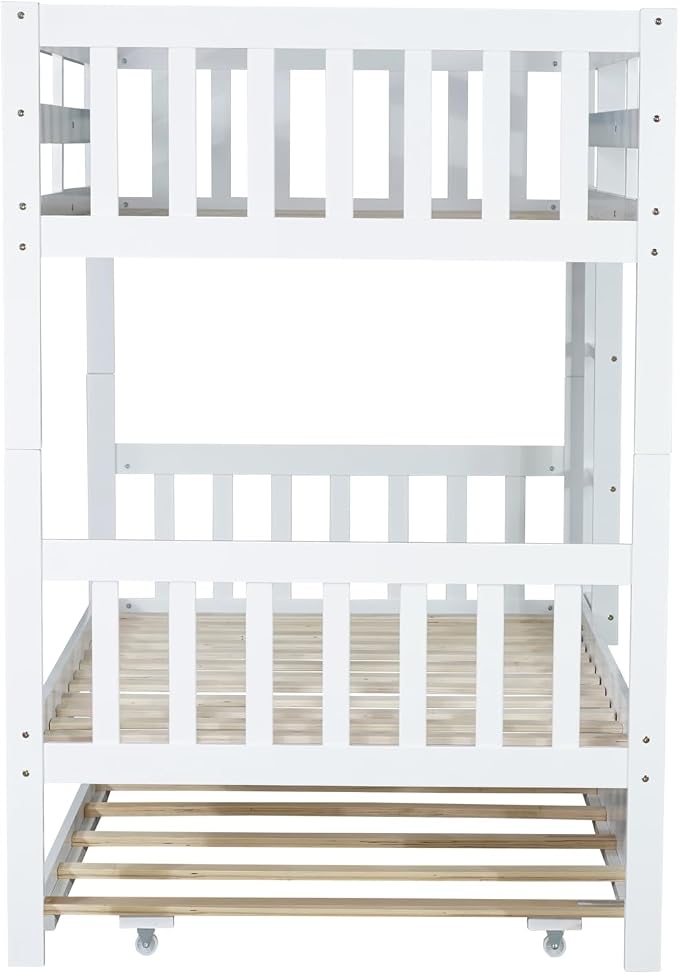 Merax Twin-Over-Twin Bunk Bed with Movable Trundle, Solid Wood Detachable Bunk Bed with Safety Guardrial and Ladder, Can be Converted Into 3 Separate Beds(White)