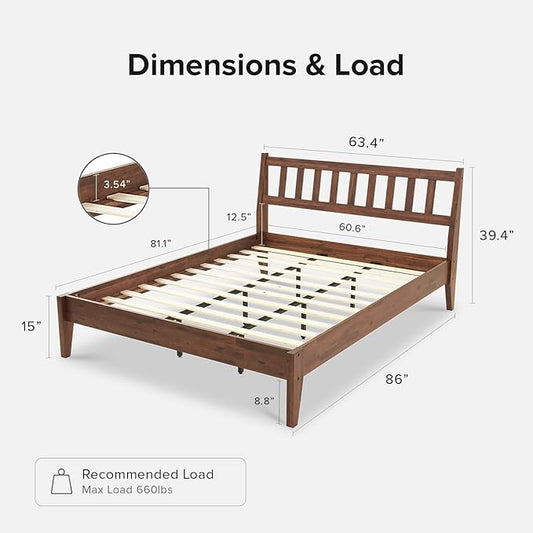 mopio Ted Bed Frame with Headboard, Mid Century Modern Acacia Solid Wood Platform Bed Frame, Wooden Slats, No Box Spring, Double Metal Bar Support (Solid Wood, Queen (U.S. Standard))