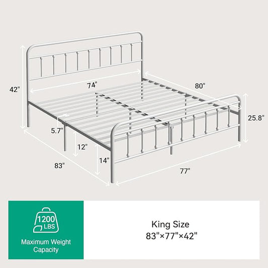 Novilla Metal King Size Bed Frame - Modern Minimalist Victorian Style with Headboard/Footboard, Heavy-Duty Steel Slats/Underbed Storage/No Box Spring Needed/Easy Assembly/Noise Free/White