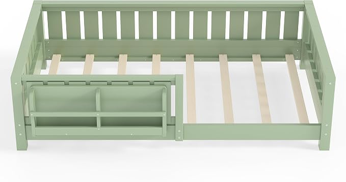 Bellemave Twin Floor Bed with Rails and Slats, Twin Size Montessori Floor Bed with Bookshelf and Fence, Easy Assemble Montessori Beds Frame for Girls, Boys, Avocado Green
