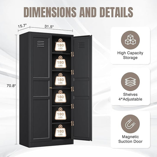 Yizosh Metal Storage Cabinet with 2 Doors and 5 Adjustable Shelves - 71" Black Kitchen Pantry Storage Cabinet, 5-Tier Tall Steel Cabinet Locker for Kitchen, Living Room, Dining Room