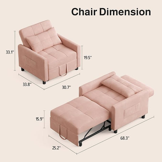 Ahomly Convertible Sleeper Chair Sofa Bed with 3-in-1 Design, Adjustable Backrest, and Storage Pocket for Living Room, Pink