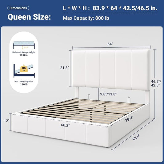 Allewie Queen Size Velvet Lift Up Storage Bed Frame, Vertical Channel Tufted Headboard, Hydrualic Underneath Storage, Upholstered Platform Bed, Wooden Slats Support, No Box Spring Needed, White