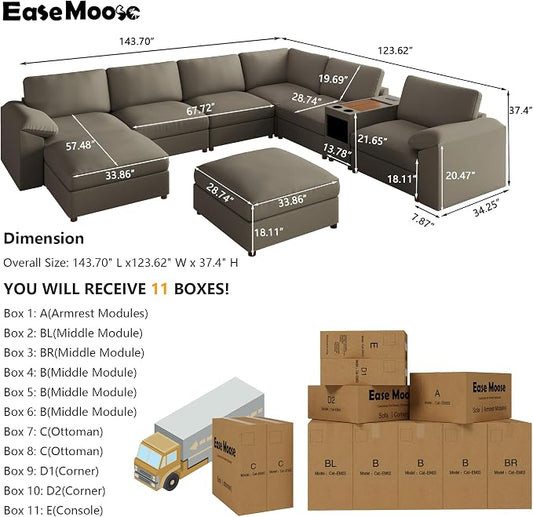 EASE MOOSE Faux Leather Sectional Couch with Console, Oversized Modular Sofa, Modern Comfy Modular Couch, Scratch Resistant Material Sofas, U Shaped Couch for Big Spaces, Light Grey