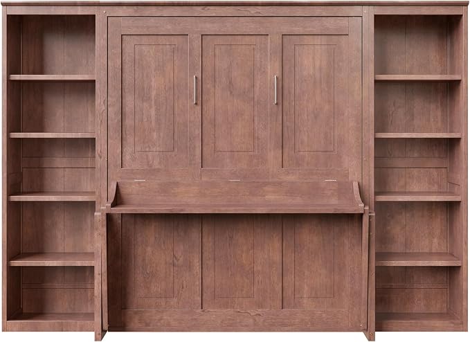 MERITLINE Full Murphy Bed with Desk and Storage Shelves, Solid Wood Vertical Murphy Wall Bed Cabinet with Storage Bookshelves Bookcase for Living Room, Guest Room (Full,Dark Brown)