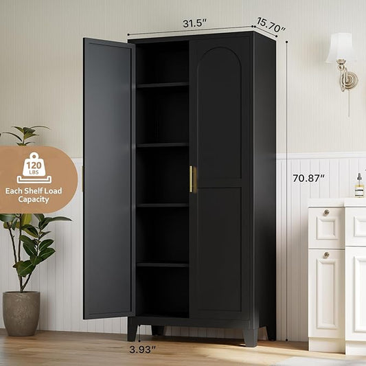 Zevemomo 70.87" H Metal Kitchen Pantry Cabinet, Freestanding Cupboard with 2 Doors and 4 Adjustable Shelves, Tall Metal Storage Cabinet for Kitchen, Bathroom, Dinning Room or Laundry Room (Black)