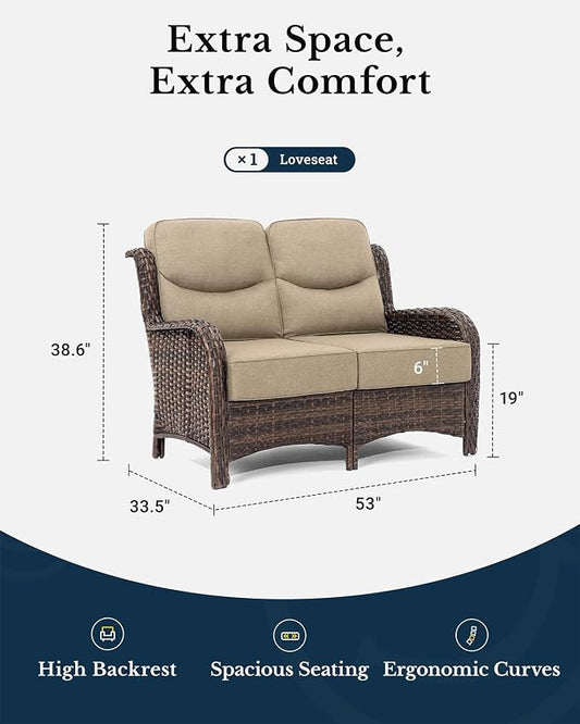 HILLGA Luxury Outdoor Furniture High Back Patio Sofa, Oversized Loveseat with 6'' Thick Cushions, Ideal for Porch, Poolside, Deck, and Yard (Beige)