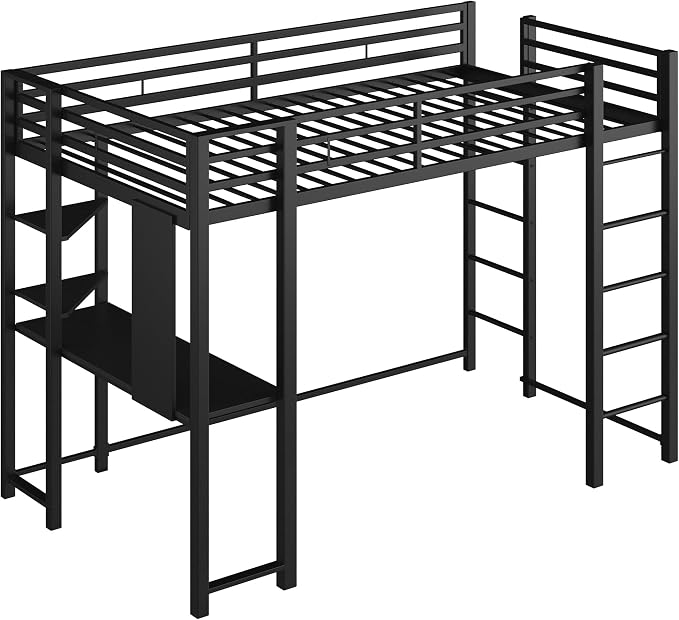 Shintenchi Loft Bed Twin Size with Desk and Storage Shelves, Frame with 2 Side Ladders for Kids, Teens Adults, Spcace-Saving Noise-Free and Anti-tilt Design, Black