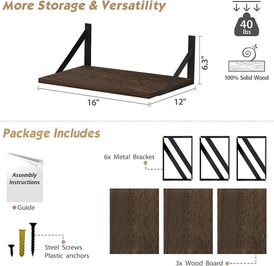 Forbena 12 Inch Deep Floating Shelves for Wall Set of 3, Wooden Wall Bookshelf for Bedroom Books, Rustic Wood Hanging Bookshelves for Bathroom Living Room Office Storage (Dark Brown)