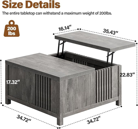 knoworld Farmhouse Lift Top Coffee Table with Storage, 35" Square Large Coffee Table with Hidden Compartment, Rustic Wood Center Table for Living Room, Grey Oak