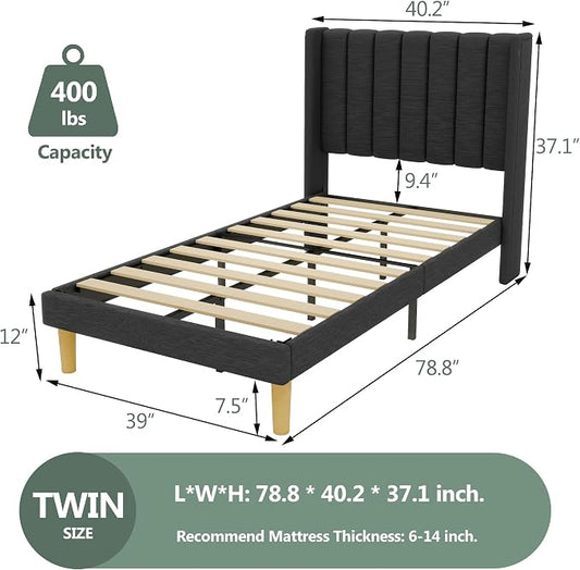 alazyhome Platform Bed Frame Twin Size with Upholstered Headboard, Solid Wood Slats Support, No Box Spring Needed, Noise Free, Easy Assembly, Modern Fabric Bed, Black