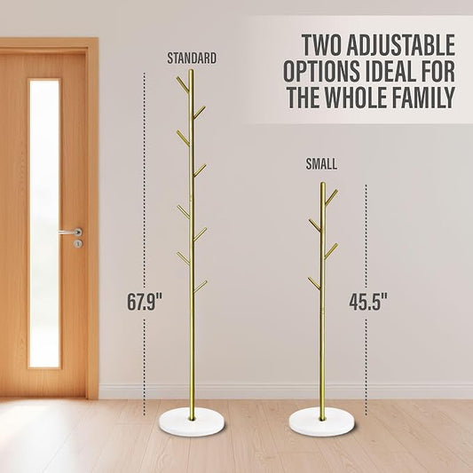 Coat Rack with Real Marble Base, Freestanding Metal Clothing Rack with 8 Hooks, Modern Hall Tree for Entryway, Bedroom & Office, Space Saving Coat Hanger Stand for Small Spaces (Gold)