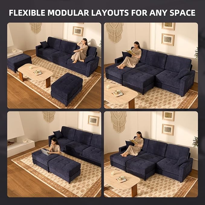 112" U Shaped Modular Cloud Sectional Couch, Waffle Fabric, Navy | Modular Deep Seat Sofa, Movable Ottoman, Pocket Spring Cushions, 2-Box Delivery, Living Room Lounge Use, Not Boneless