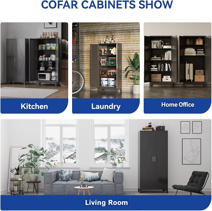 COFaR Metal Pantry Cabinet with Doors, Farmhouse 61'' Tall Storage Cabinet with 3 Adjustable Shelves, Kitchen Pantry Cabinet for Dinning Room, Garage, Laundry, Bathroom, Black 4-Tier