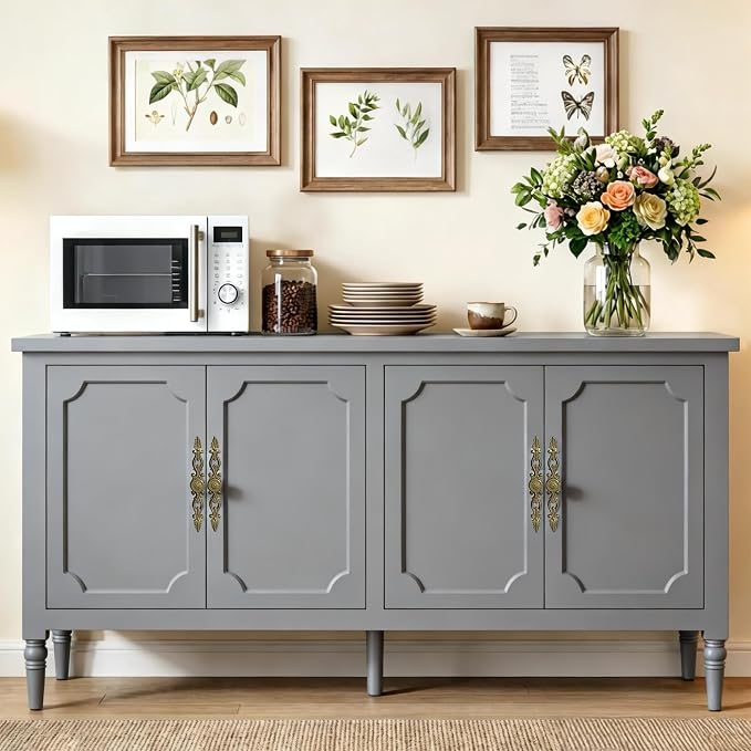 RoyalCraft Buffet Cabinet with Storage, 59" Vintage Sideboard with Adjustable Shelves, Mid Century Modern Painted Credenza Coffee Bar for Kitchen, Dining Room, Entryway, Living Room, Dove Gray