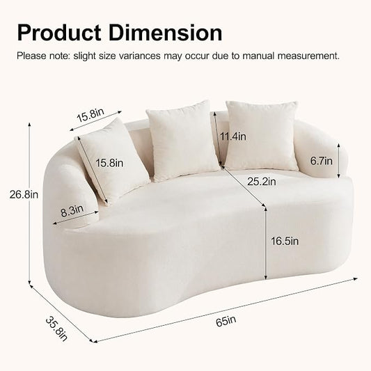 65" Boneless Curved Loveseat Sofa, Modern Deep Seat Love Seat Couches, 2 Seater Curved Couch with 3 Throw Pillows, Compressed Floor Sofa for Living Room Small Spaces, No Assembly, Beige