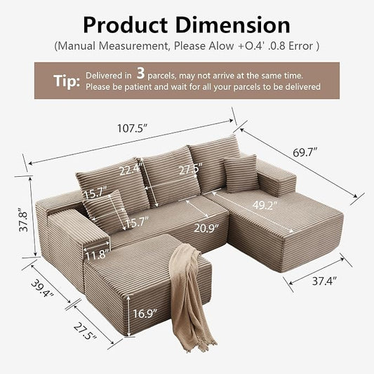 107" Comfy U-Shaped Sectional Modern Boneless Corduroy Couch with Chaise - No Assembly Required! Deep-Seat, Upholstered Modular Cloud Sofa for Living Room, Plush Corduroy Fabric(Camel)