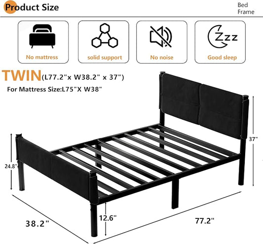 Metal Bed Frame,14Inch Twin Size Bed Frame with Storage Space,Heavy Duty Sturdy Mattress Foundation,Easy Assembly,No Box Spring Needed,Black Twin