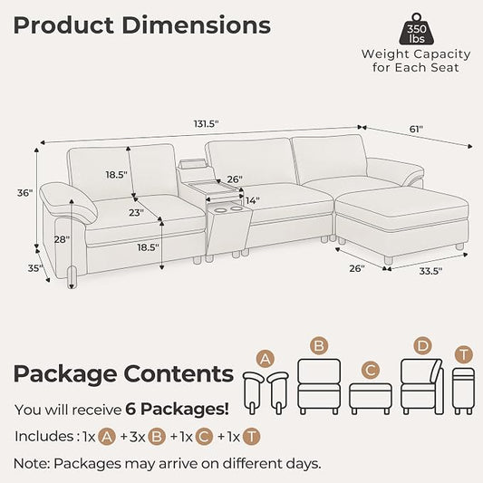 SITJOY Large Cloud Couch, 132" Wide 3 Seater L Shaped with Console, White | Pet-Friendly Scratch-Resistant Leather Sectional Sofas for Living Room, Deep Seat Wide Couch with Chaise, Storage Ottoman