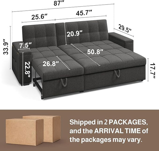 Ahomly 87" Convertible Sofa Bed – Space-Saving Sleeper with Pull-Out Design, Adjustable Backrest, Wide Armrests with Storage, Plush Cushions, Cozy for Small Spaces (Dark Grey)