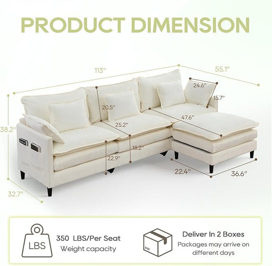 113" Chenille Modular Sectional Sofa, Convertible L Shaped Modular Sofa Comfy Cloud Couch with Ottoman, Side Pockets and 5 Throw Pillows for Living Room (Beige, 113'' - 4 Seat)
