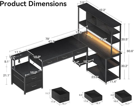 AODK 79 inch L Shaped Desk with 5 Drawers, Reversible L Shaped Gaming Desk with LED Light & 2 Power Outlets, Computer Desk with Storage Shelves for Home Office, Black