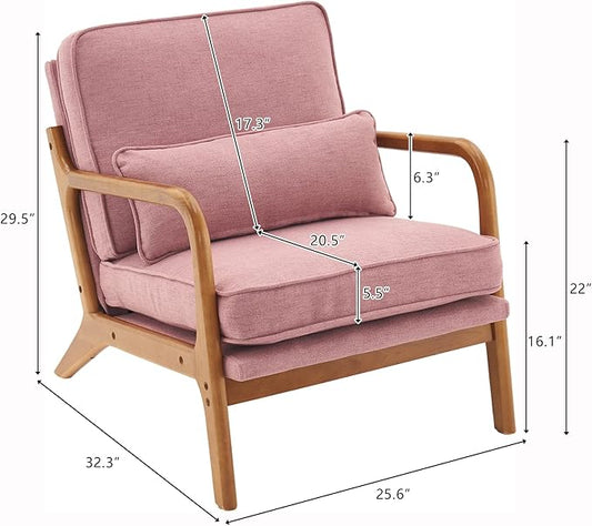 Bonnlo Linen Pink Mid Century Modern Accent Chair, Soild Wood Padding Lounge Armchairs Side Sitting Chairs for Living Room, Bedroom, Guest Room