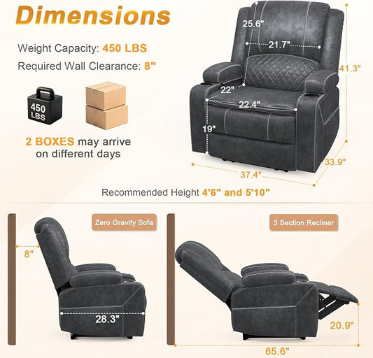 Oversized Manual Recliner Chair, 3X Recliner Home Theater Seating, RV Recliner Single Sofa with Storage, Cup Holder & Side Pocket, Reclining Chair for RV, Home Theater & Living Room (Velvet,Grey)