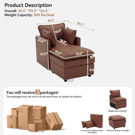 30" Brown Faux Leather Storage Sofa Chair, Single Accent Chair with Ottoman | Modern Upholstered Deep Seat Sofa Chair, Comfort for Reading, Lounging, and Small spaces, Armchair for Living Room, Bedroom