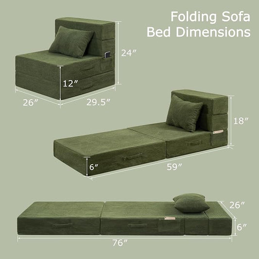 Folding Sofa Bed, 4 in 1 Convertible Sleeper Chair with Pillow, Single Memory Foam Fold Out Chair Bed, Modern Floor Futon Sofa Couch Mattress for Living Room/Guest/Apartment, Green | Convertible