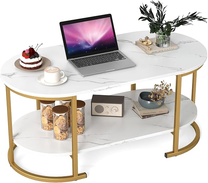Giantex 2-Tier Coffee Table, Oval Center Table with Faux Marble Top & Open Storage Shelf, Modern Accent Table with Heavy Duty Metal Frame, Oval Coffee Tables for Living Room, White and Gold