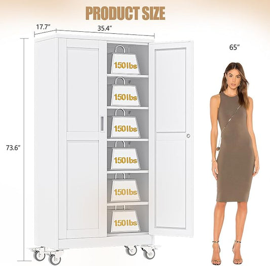 74" H Metal Pantry Storage Cabinet with Wheels,Rolling Kitchen Pantry Cabinet with 2 Doors and 5 Adjustable Shelves, Locker Steel Cabinet,Organization Cabinet for Garage,Home,Gym,School,White