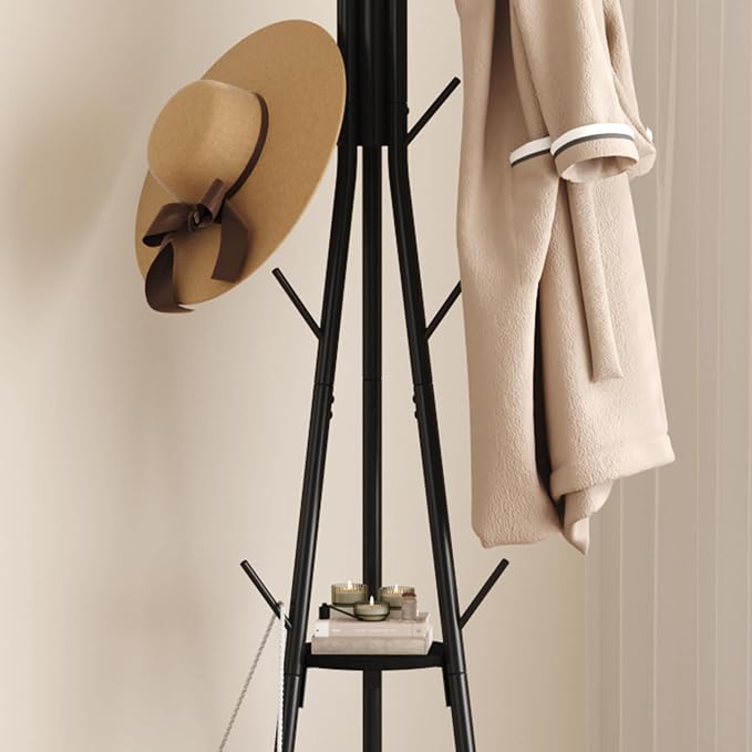 HOMEFORT Coat Rack, Coat Hanger Stand with 2 Shelves, Freestanding Hall Tree, Metal Hat Hanger with 12 Hooks for Clothes Hats and Scarves (Black)