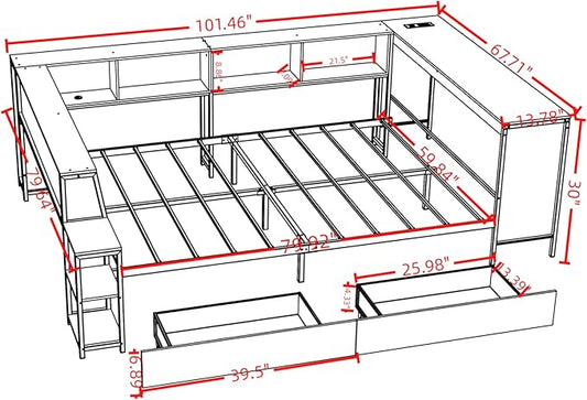 Bellemave Queen Corner Bed Frame with Storage Bookcase & 2 Drawers, Modern Metal Queen Daybed with LED Lights & Charging Station, Reversible Queen Size Corner Bed with Desk for Space-Saving, White