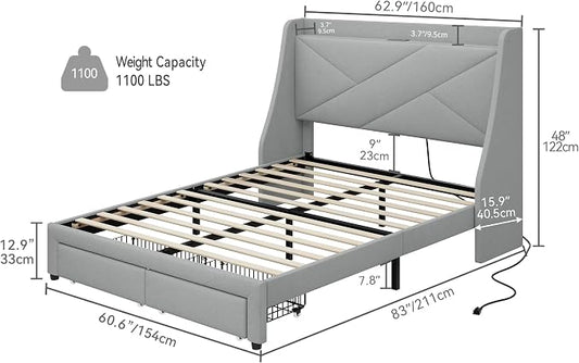 DWVO Queen Size Storage Bed Frame, Platform Bed Frame with Integrated Charging Ports, 2 Drawers on Wheels, Upholstered Headboard with Shelf, Easy Assembly, No Box Spring Needed (Gray)