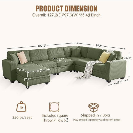127" Modular Sectional Sofa with Storage, Corduroy 7-Seater V-Shaped Sofa with Ottoman Chaise, Convertible L-Shaped U-Shaped Cloud Sectional Couches for Living Room, Apartment