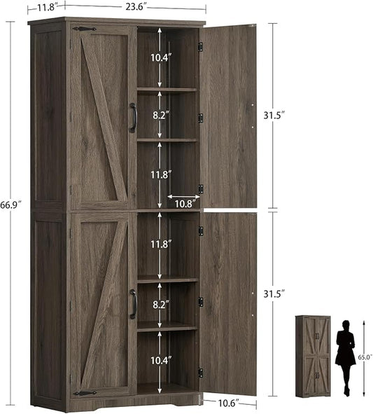 TEENFON Tall Storage Cabinet, Kitchen Pantry Cabinet with 4 Shelves, Adjustable Shelves, Pantry Cabinets with 4 Barn Doors, Tall Kitchen Cabinets for Dining Room, Living Room, Dark Walnut