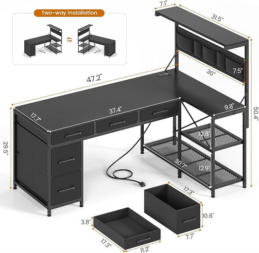 SEDETA L Shaped Gaming Desk, 47.2" Reversible Small Computer Desk with 5 Drawers and Storage Shelves, Corner Gaming Desk with LED Lights and Power Outlet, Black