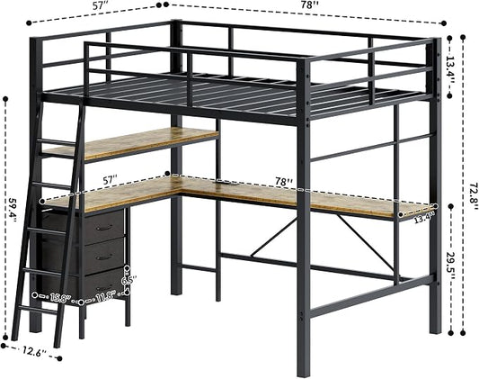 Cryrature Full Size Loft Bed with L-Shaped Desk, Charging Station,LED Lights,Heavy Duty Metal Loft Bed Frame with 3 Fabric Drawers & Open Shelve,No Box Spring Needed, Black