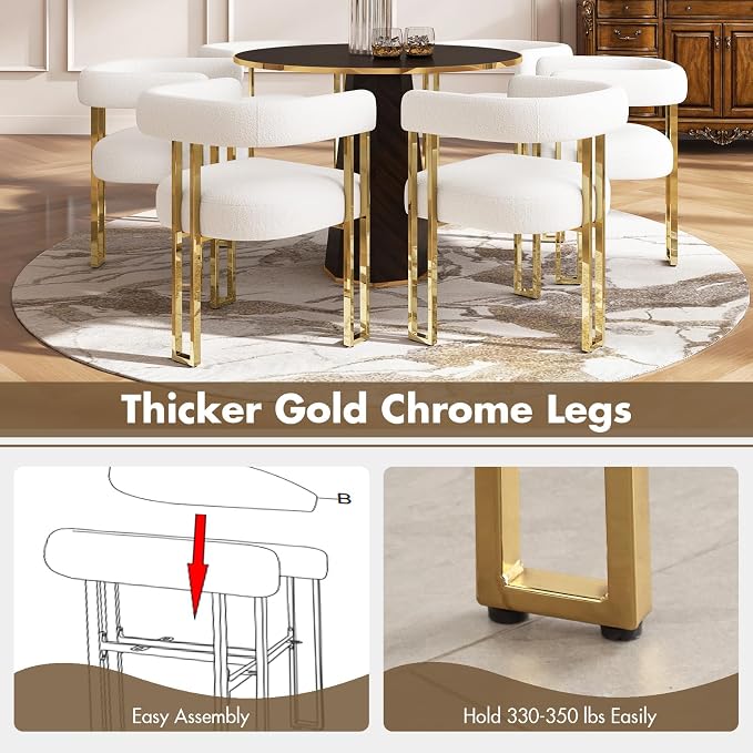 Hyfirm Set of 6 Modern White Boucle Dining Chairs with Gold Metal Legs, Mid Century Accent Upholstered Barrel Armchairs with Open-Back for Kitchen, Dining Room, Living Room, Apartment