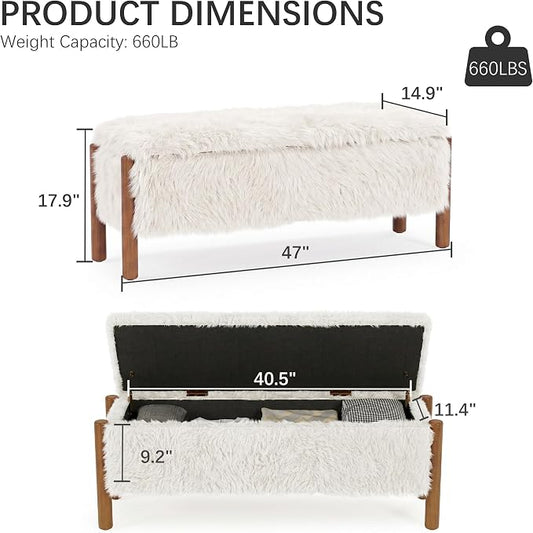 Modern Storage Benches with Walnut Wood Legs, 47'' Ottoman Bench with 20 Gallons Storage Space for Bedroom End of Bed, Faux Fur Fabric Upholstered Entryway Bench, Beige