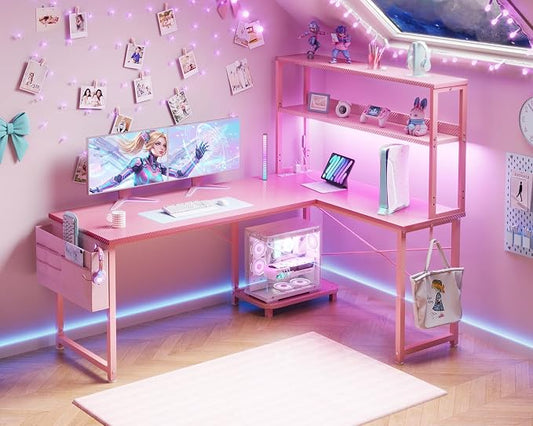 ODK 53 Inch L Shaped Desk with LED Lighting, Reversible Gaming Desk with Power Outlets, Cornor Computer Table with Storage Shelves & Bag & Iron Hook, Home Office Table for Writing, Study, Pink