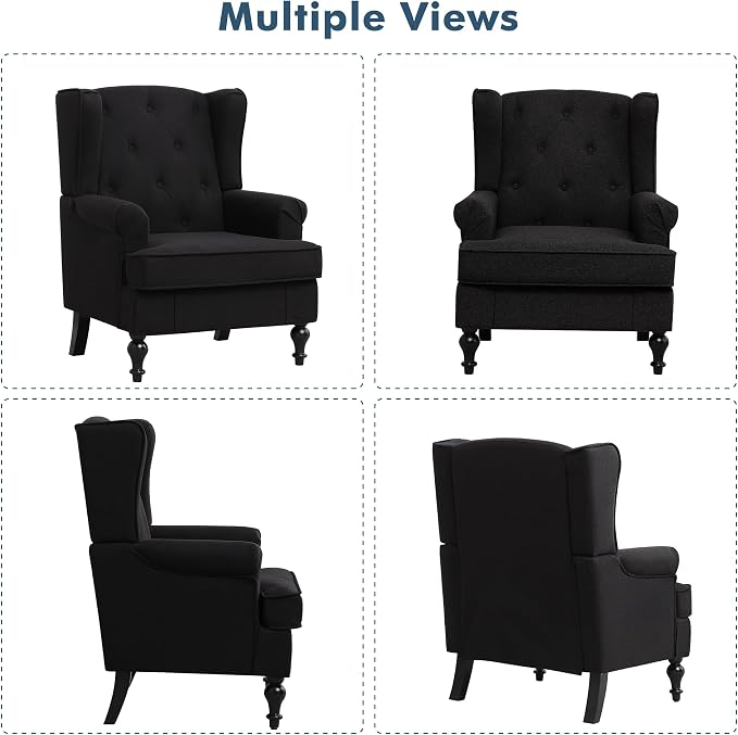 Accent Chair for Living Room, Mid Century Modern Upholstered Armchair, Wingback Chair with Tufted High Back and Solid Legs, Comfy Side Chairs Single Sofa for Bedroom, Black