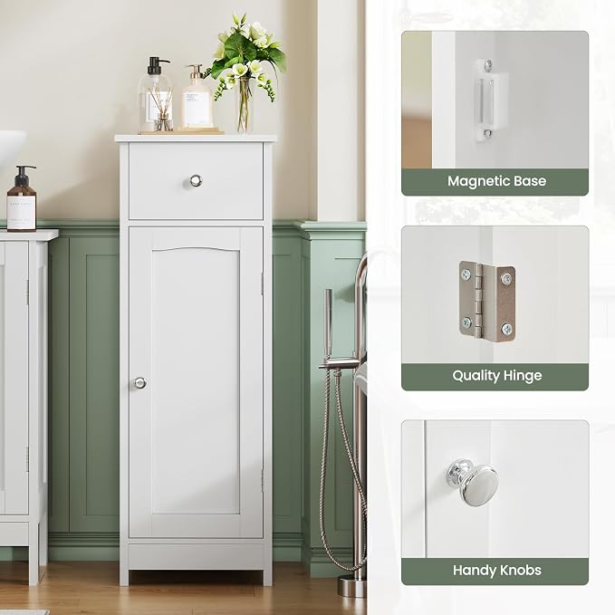 Iwell Bathroom Floor Cabinet, Small Bathroom Storage Cabinet with Drawer & Storage Shelf, Free-Standing Organizer Cabinets for Hallway/Living Room, White
